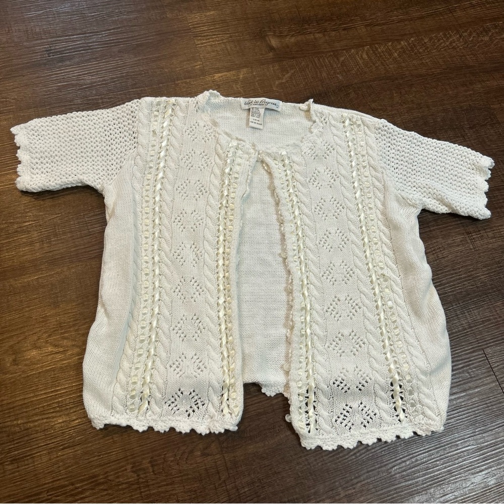 Vintage Women’s Cream Lace Knit Short Sleeve Cardigan Size Large (14-16)